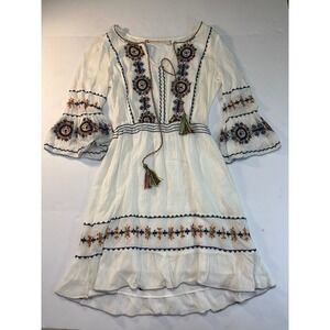 Chelsea & Violet Embroidered Boho Mini Dress S White Tassels Hippie Peasant Boho